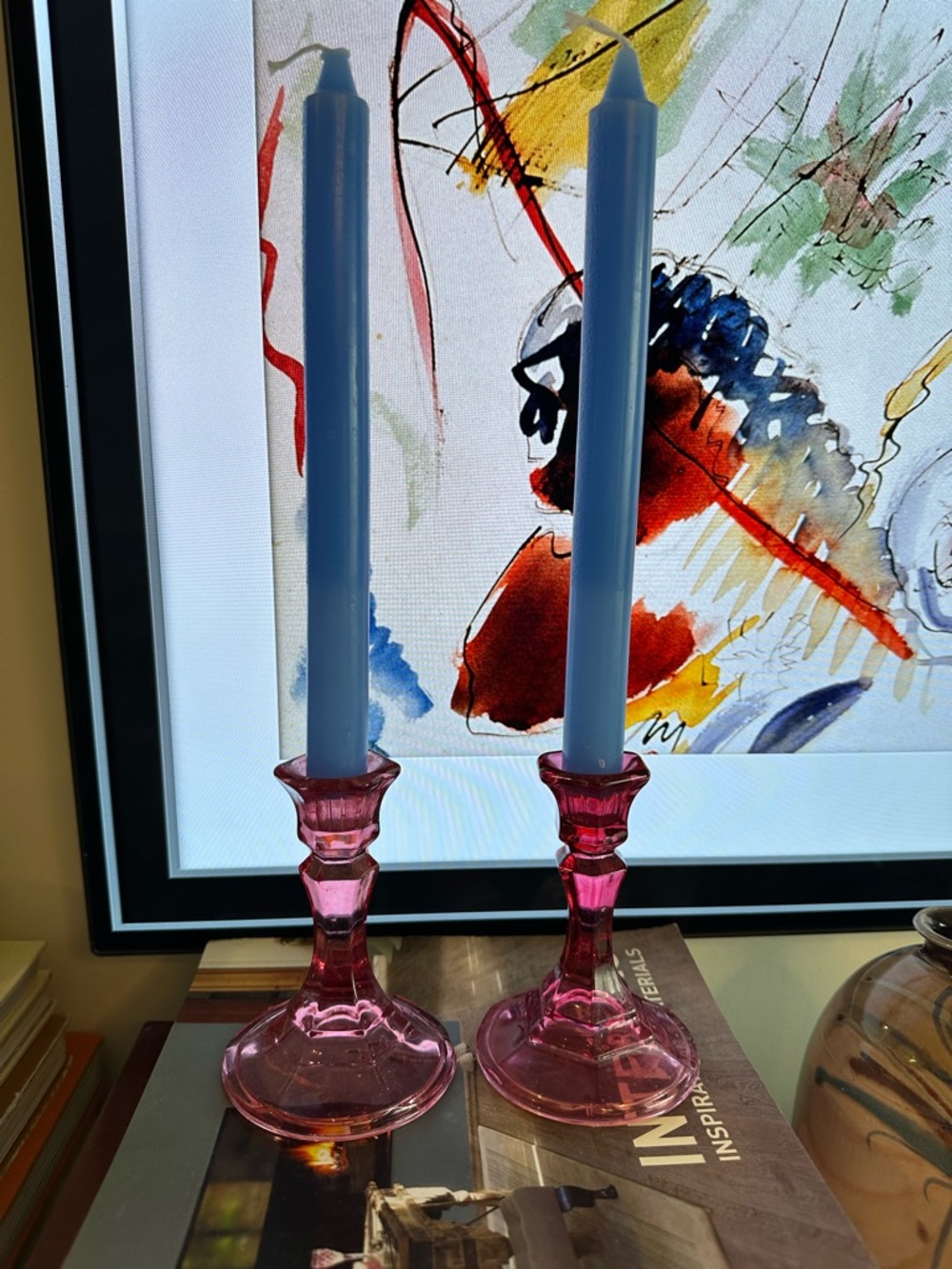 Pair of Pink Glass Candlestick Holders